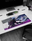 Anime girl mouse pad 32x16 inches showing a calm battle-tech angel as violet grass and pink petals whip past.