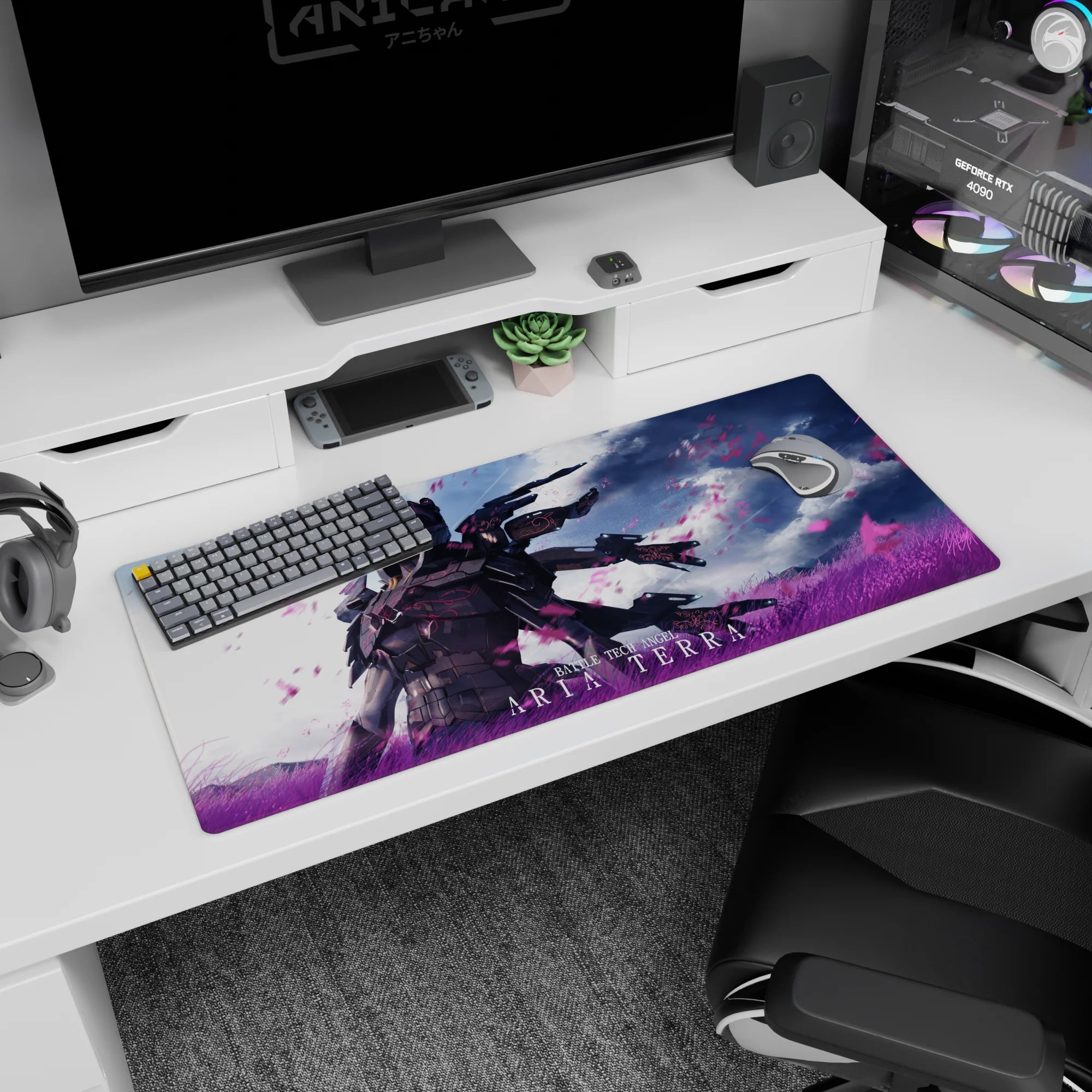 Aria Terra anime girl desk pad 36x16 inches, calm armored angel amid whipping pink petals under storm clouds.