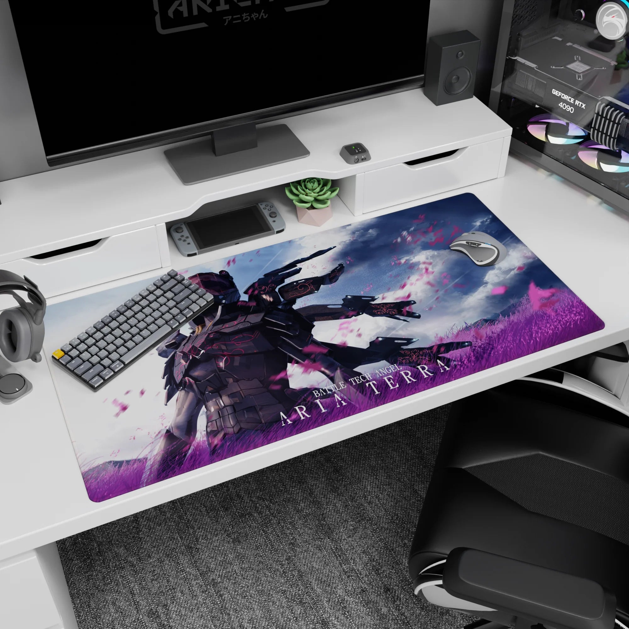 Aria Terra stands calm as violet grass and pink petals swirl under storm clouds, anime desk pad 40x20 inches.