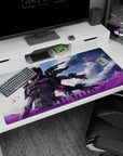 Aria Terra stands calm as violet grass and pink petals swirl under storm clouds, anime desk pad 40x20 inches.
