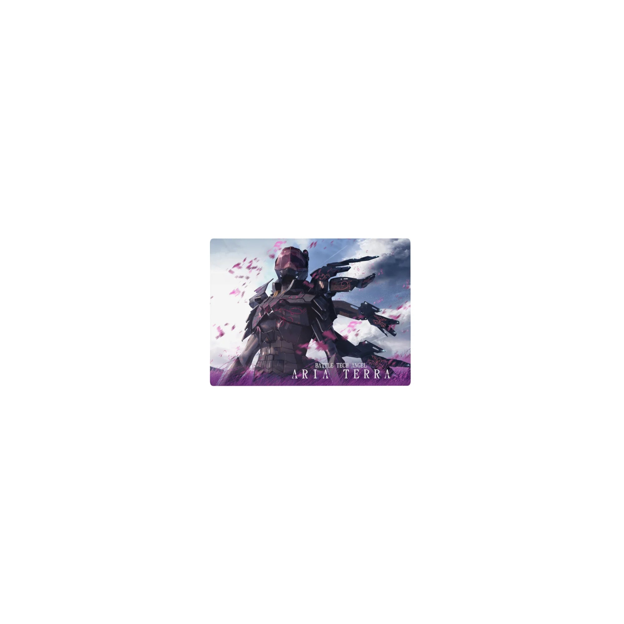 Classic anime girl mouse pad 14x10 inches with armored sci-fi angel and wing blades in stormy sky.