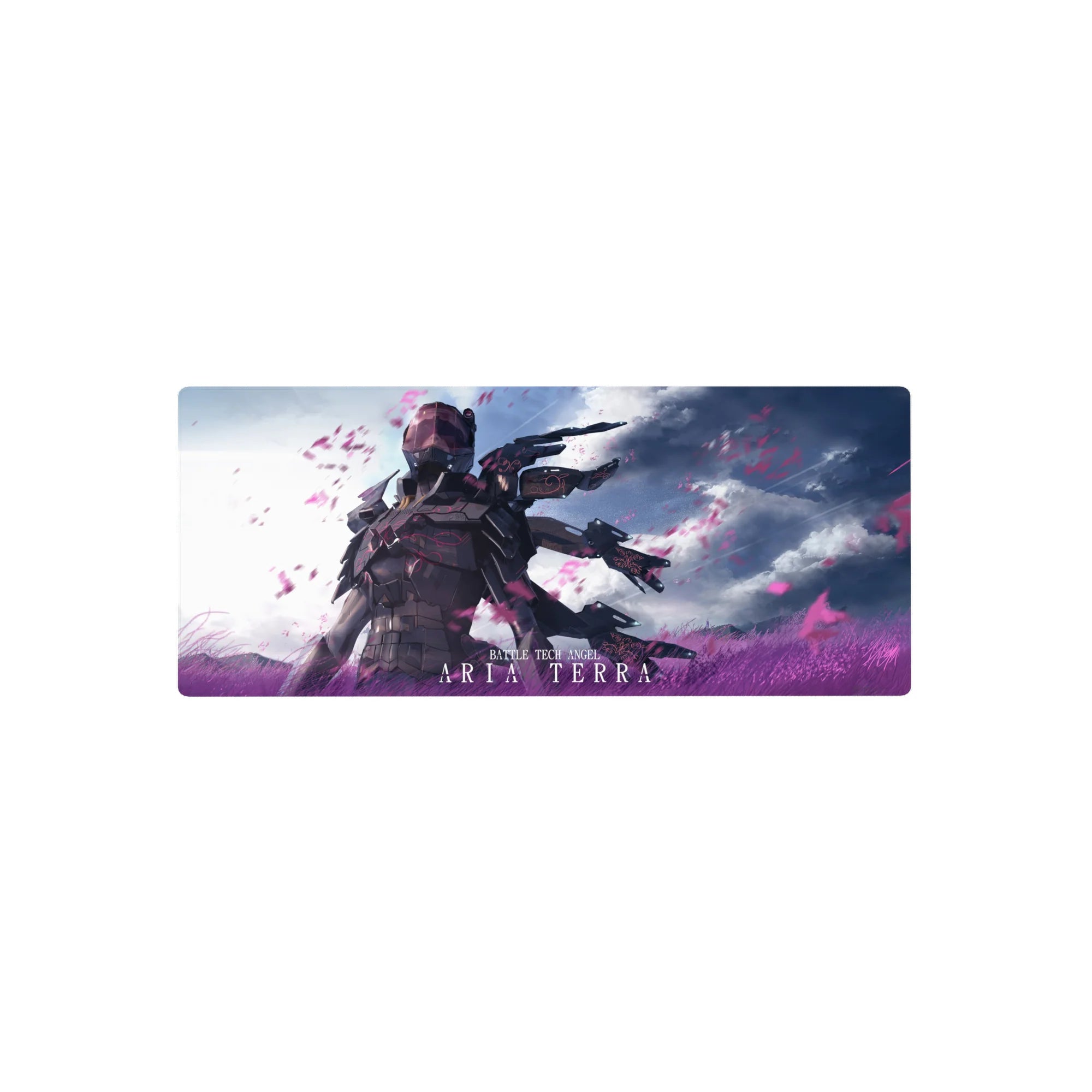 28x12 inches anime girl mouse pad with battle-tech angel in graphite armor, wing blades, stormy backdrop.
