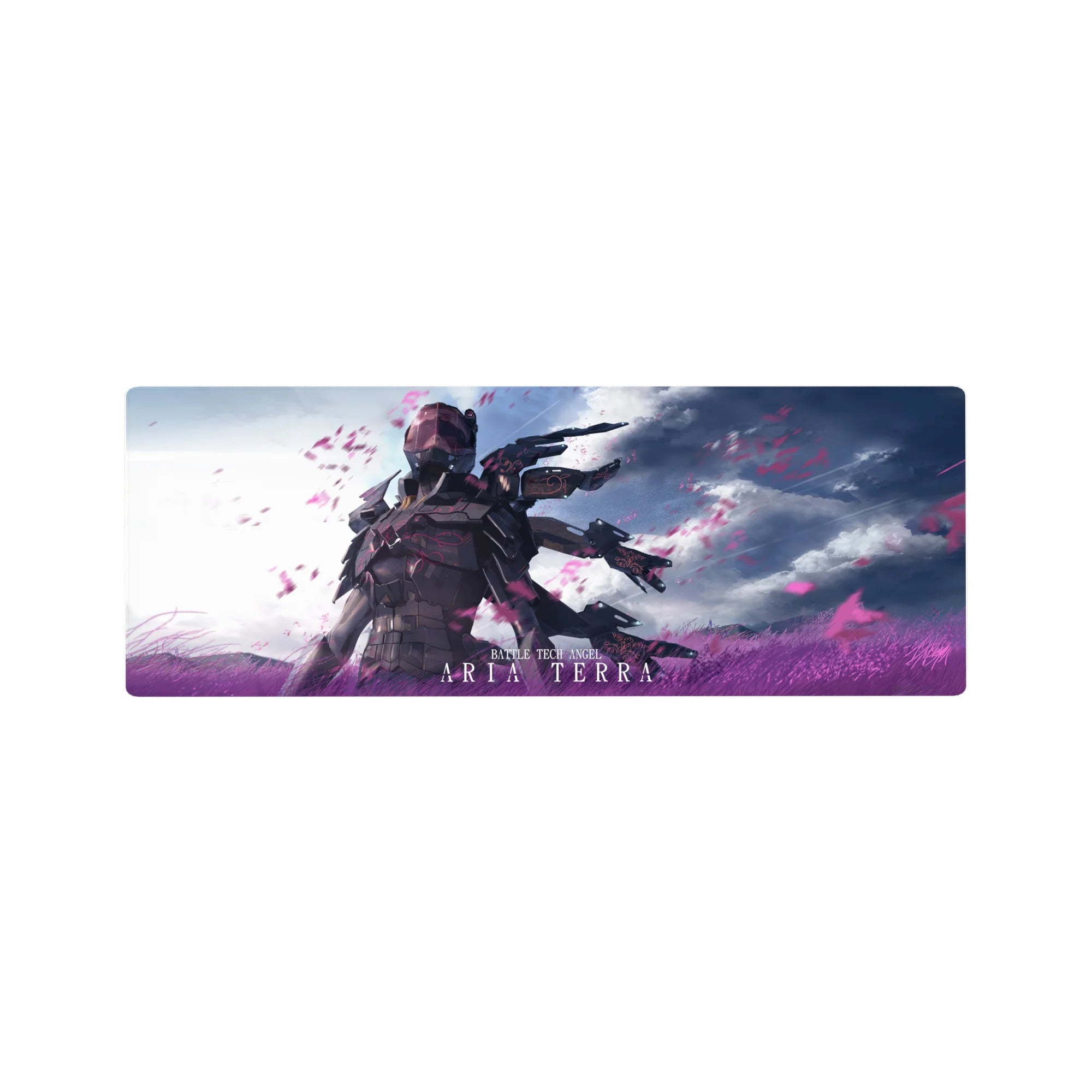 Anime girl mouse pad 32x12 inches featuring a battle-tech angel in graphite armor with wing-like blades.