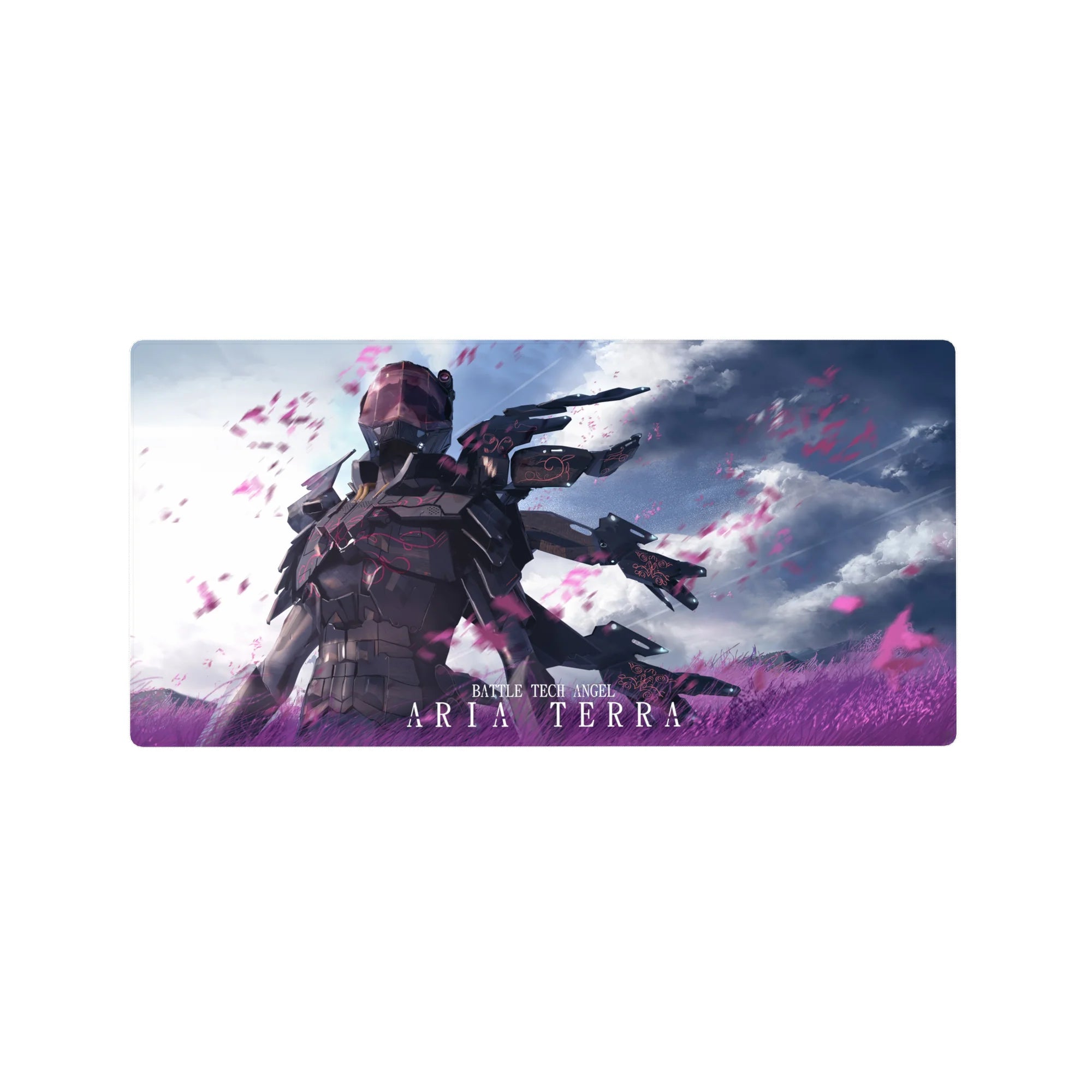 Anime girl mouse pad 32x16 inches featuring Aria Terra in graphite armor with wing blades and petals.