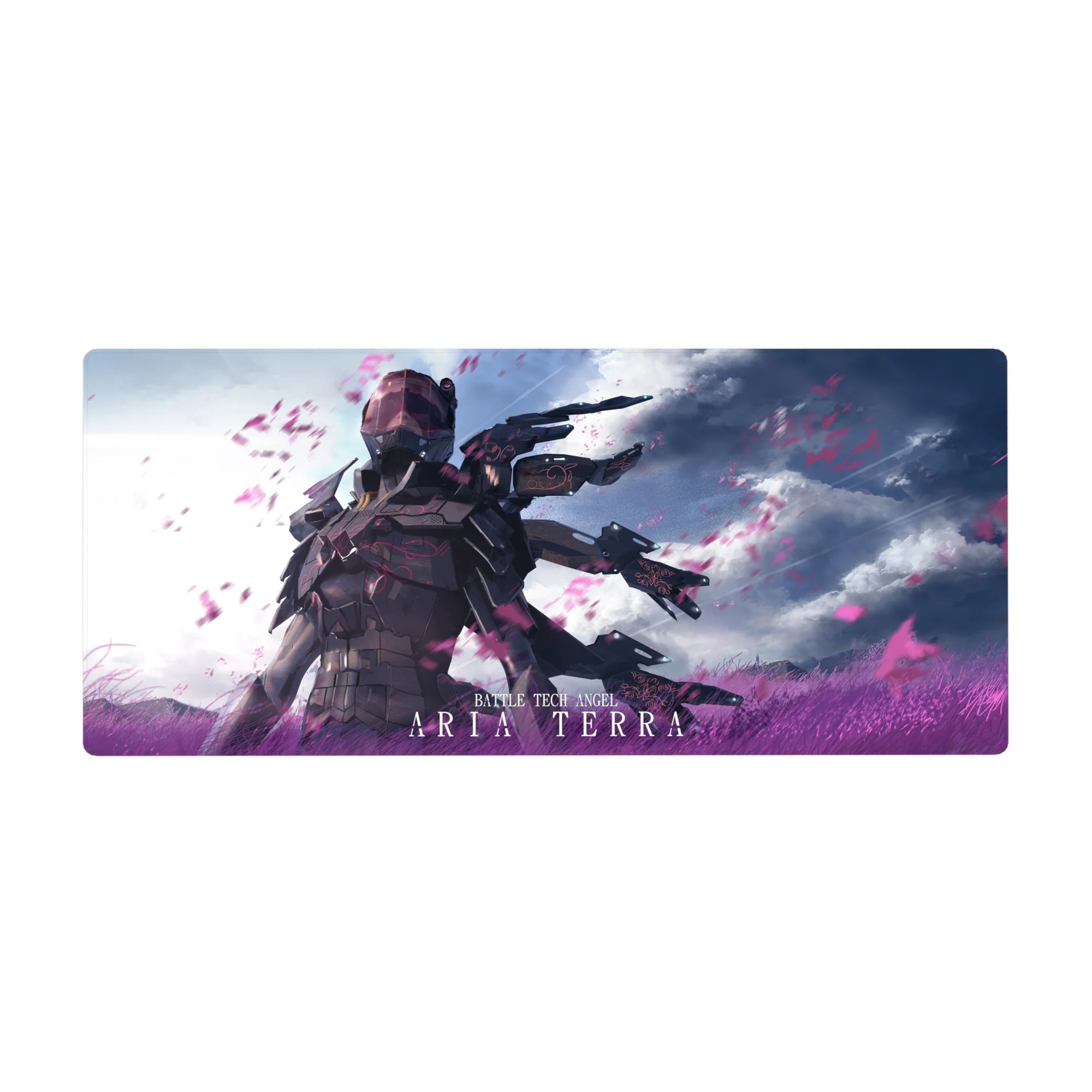 Anime girl desk pad 36x16 inches with battle-tech angel in graphite armor and wing blades, cinematic storm sky.