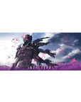Anime girl desk pad 36x16 inches with battle-tech angel in graphite armor and wing blades, cinematic storm sky.