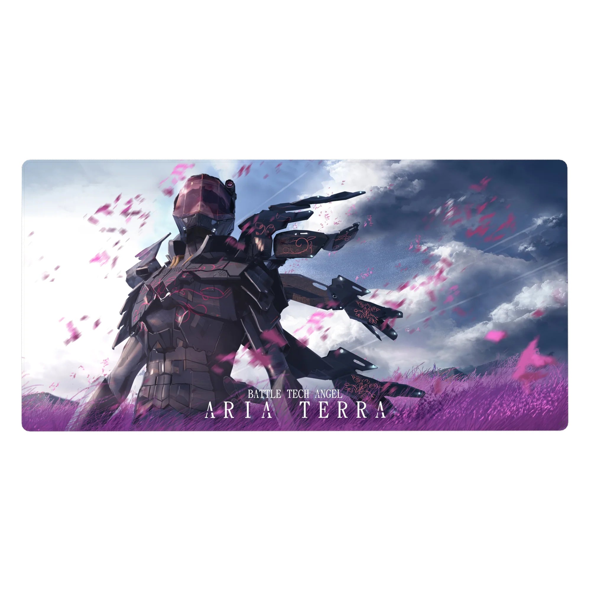 Aria Terra battle-tech angel anime girl desk pad, graphite armor and wing blades, 40x20 inches.