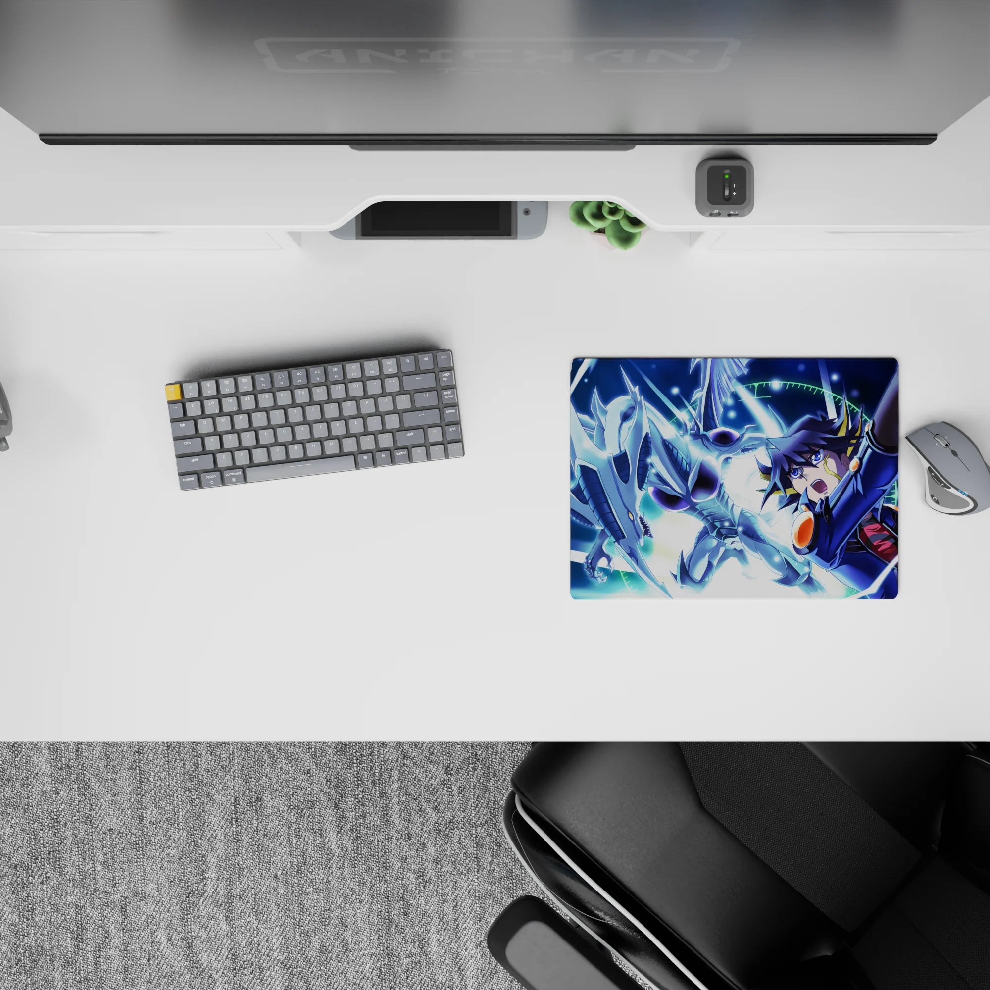 Neon blue lightning anime mouse pad 14x10 inches, starry sky glow, icy silver armor, high-energy vibe.