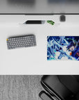 Neon blue lightning anime mouse pad 14x10 inches, starry sky glow, icy silver armor, high-energy vibe.