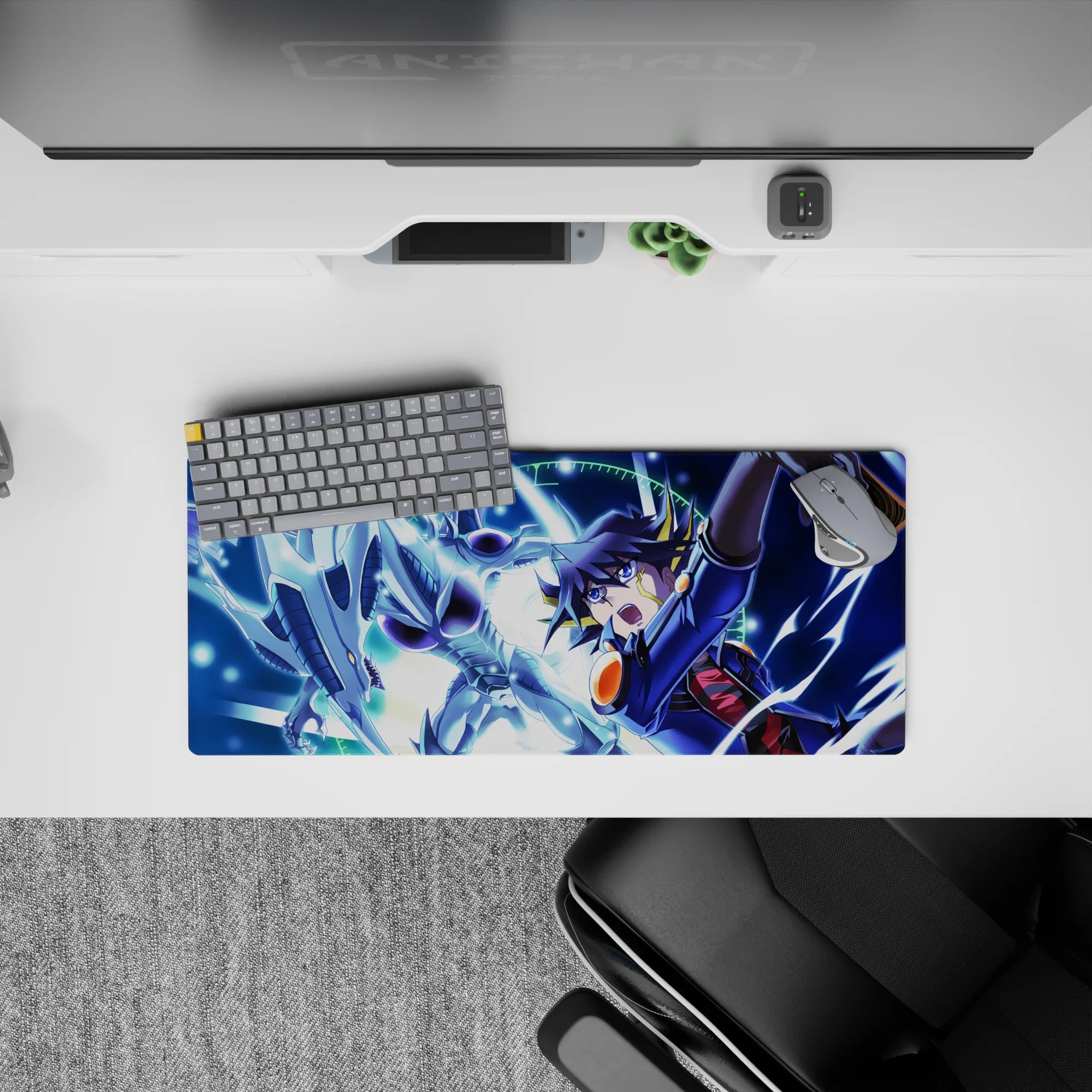28x12 inches anime mouse pad in neon blues and icy silver, crackling lightning over a starry sky.