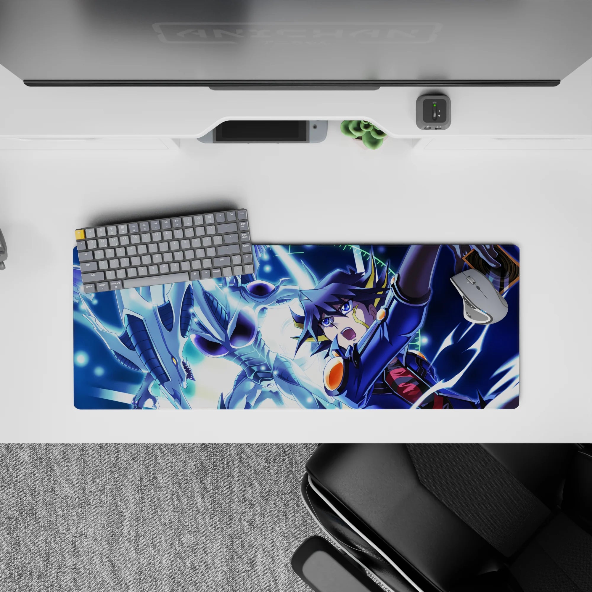 32x12 inches anime mouse pad in blue neon lightning and starry sky tones, electric, high-energy vibe.