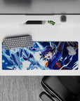 32x12 inches anime mouse pad in blue neon lightning and starry sky tones, electric, high-energy vibe.