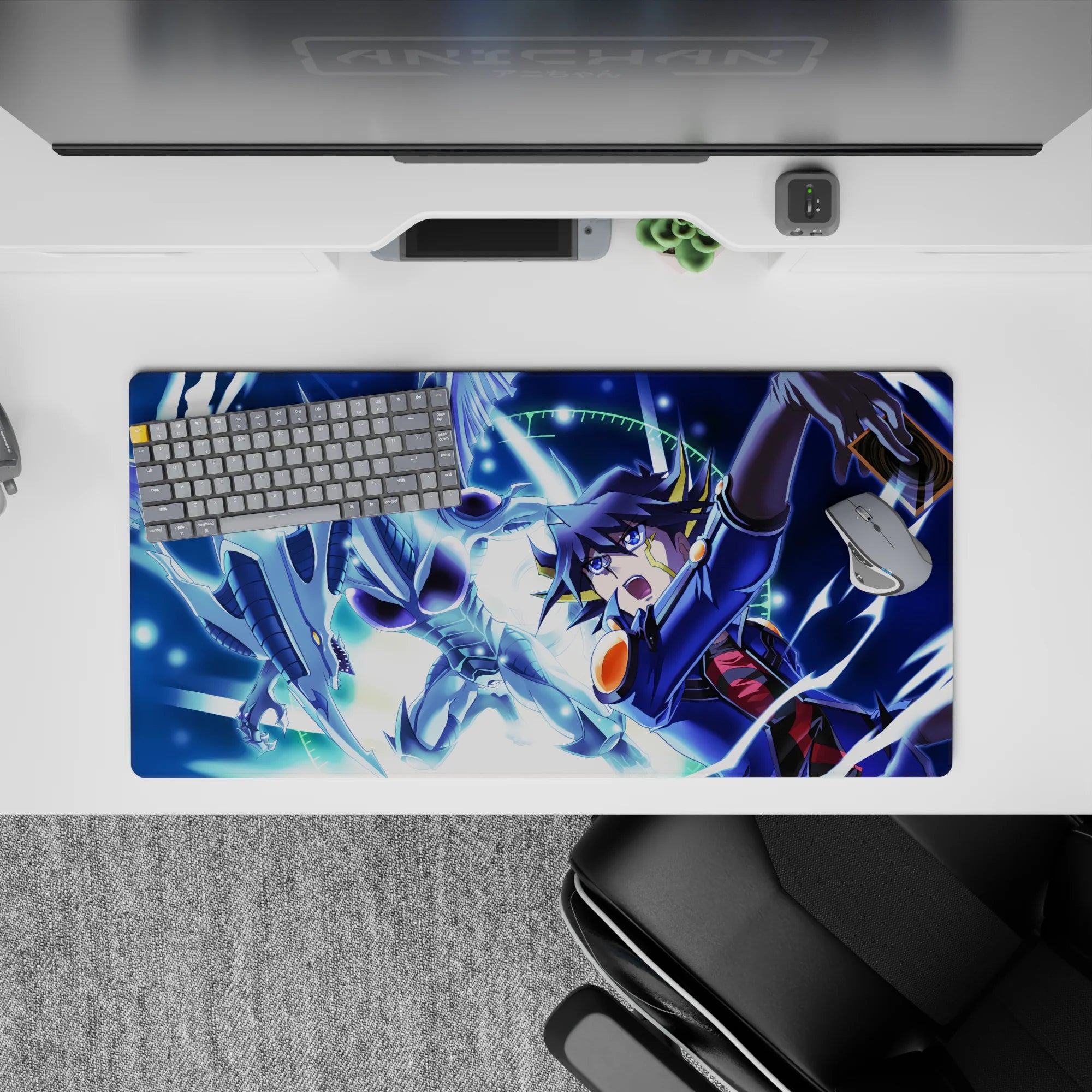32x16 inches anime mouse pad in neon blue lightning and starry sky, icy silver armor glow, high-energy vibe.