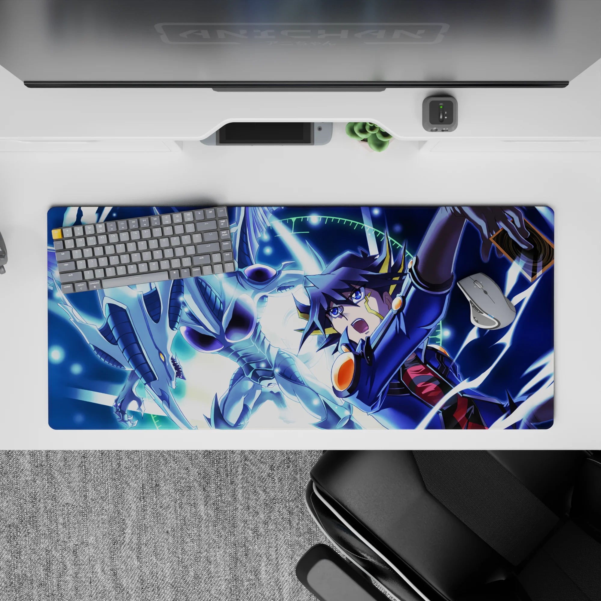 36x16 inches anime desk pad in neon blue lightning and icy silver tones, high-energy starry sky vibe.