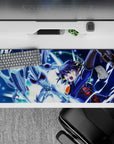 36x16 inches anime desk pad in neon blue lightning and icy silver tones, high-energy starry sky vibe.