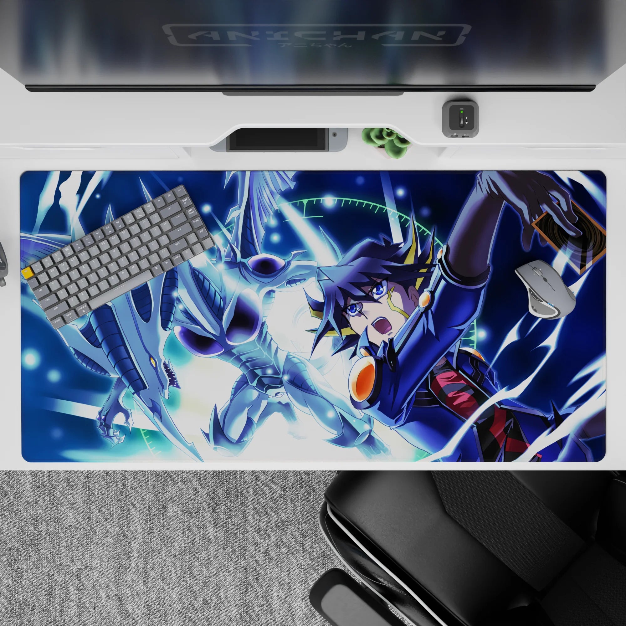 Neon blue lightning anime desk pad 40x20 inches, icy silver armor shine over a starry sky clash.