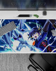 Neon blue lightning anime desk pad 40x20 inches, icy silver armor shine over a starry sky clash.