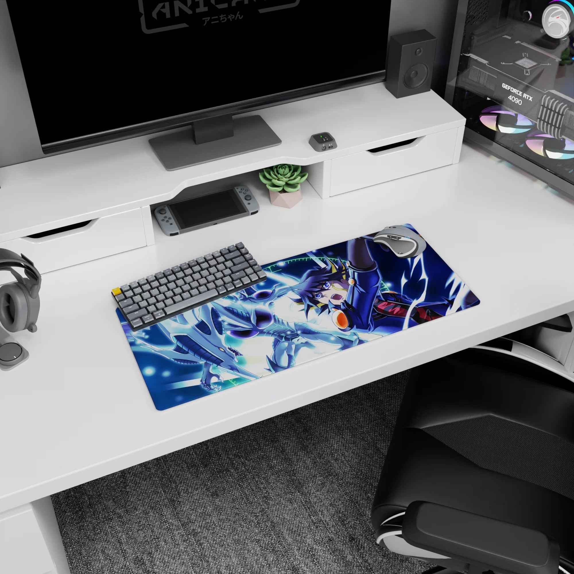 28x12 inches anime mouse pad showing a shouting duelist raising a card as a silver dragon dives in.