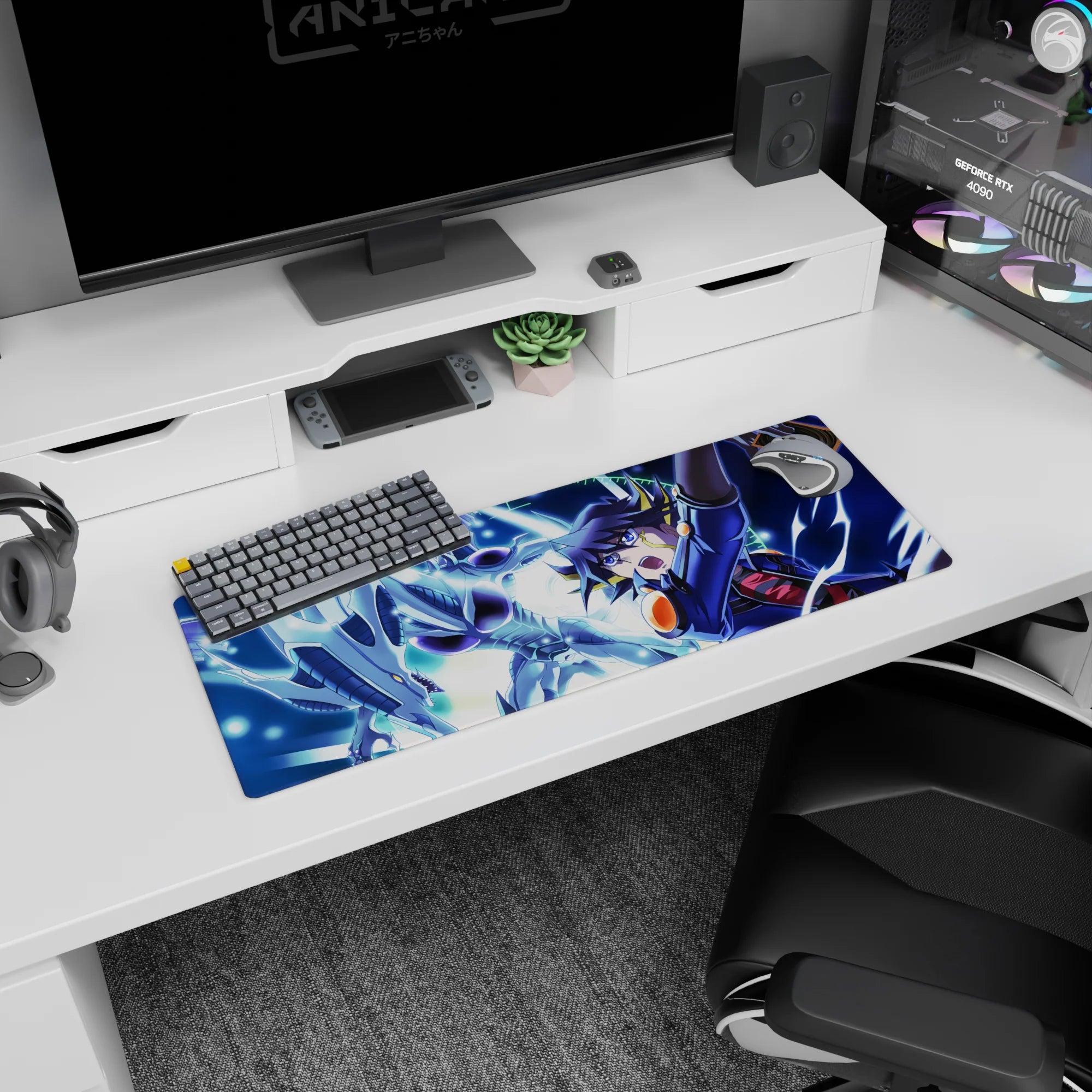 32x12 inches anime mouse pad showing duelist shouting with card raised as an armored silver dragon dives.