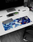 32x12 inches anime mouse pad showing duelist shouting with card raised as an armored silver dragon dives.