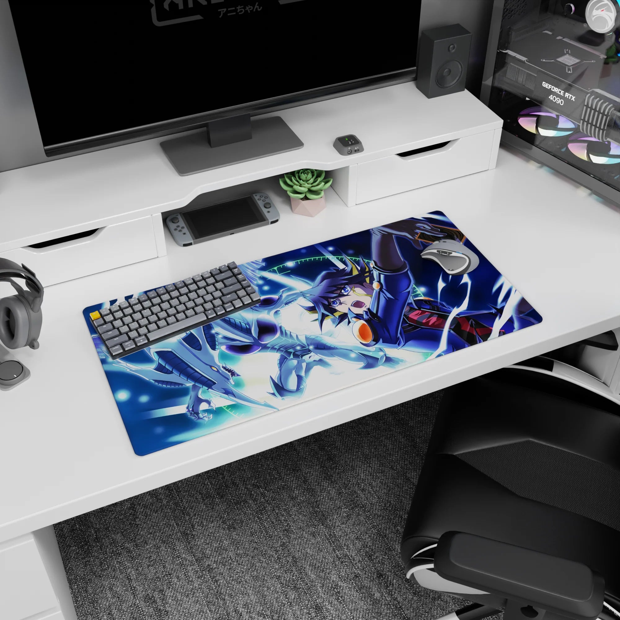 32x16 inches anime mouse pad featuring a navy-uniform duelist shouting with raised card as a silver dragon dives.