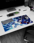 32x16 inches anime mouse pad featuring a navy-uniform duelist shouting with raised card as a silver dragon dives.