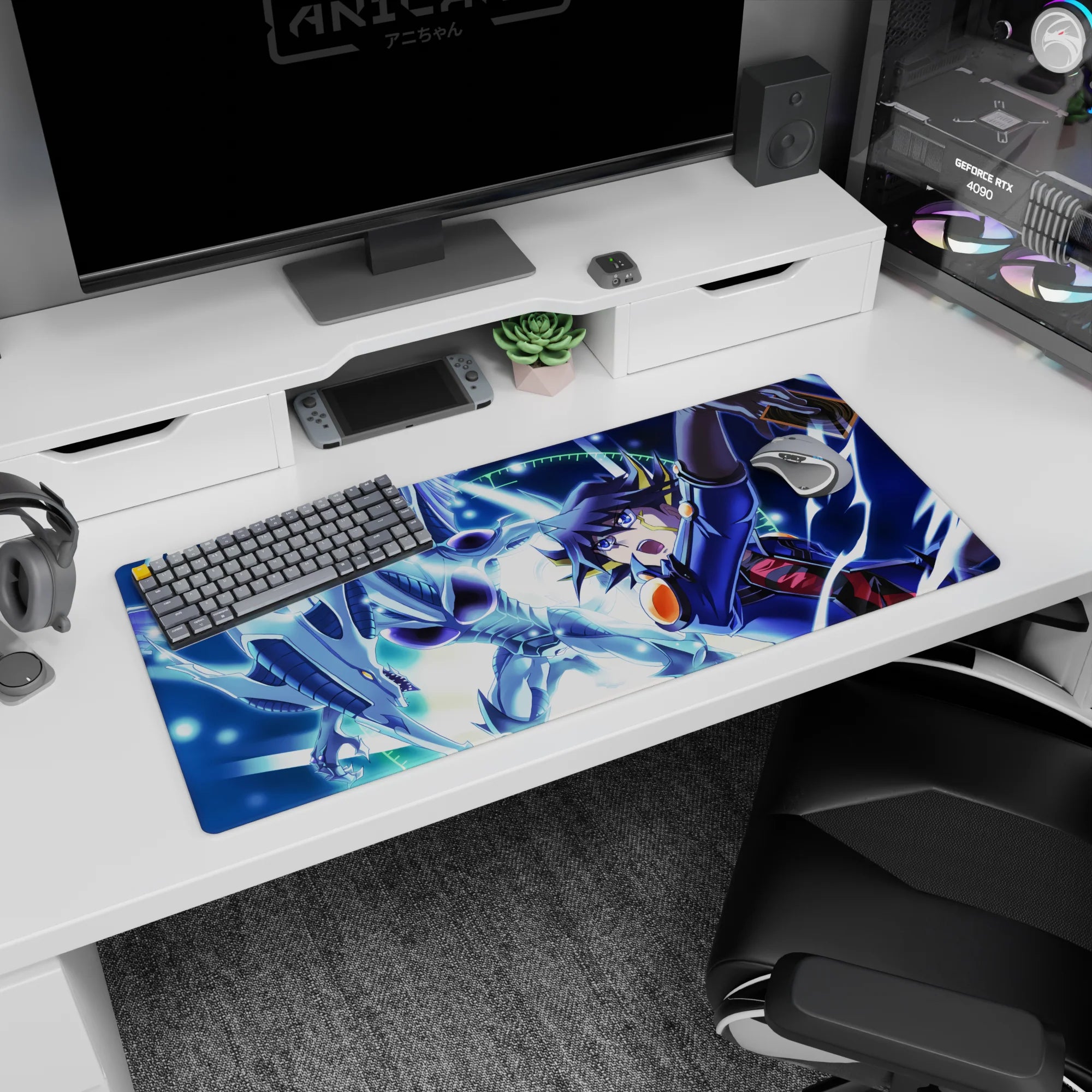 36x16 inches anime desk pad showing shouting duelist raising card as armored silver dragon strikes in.