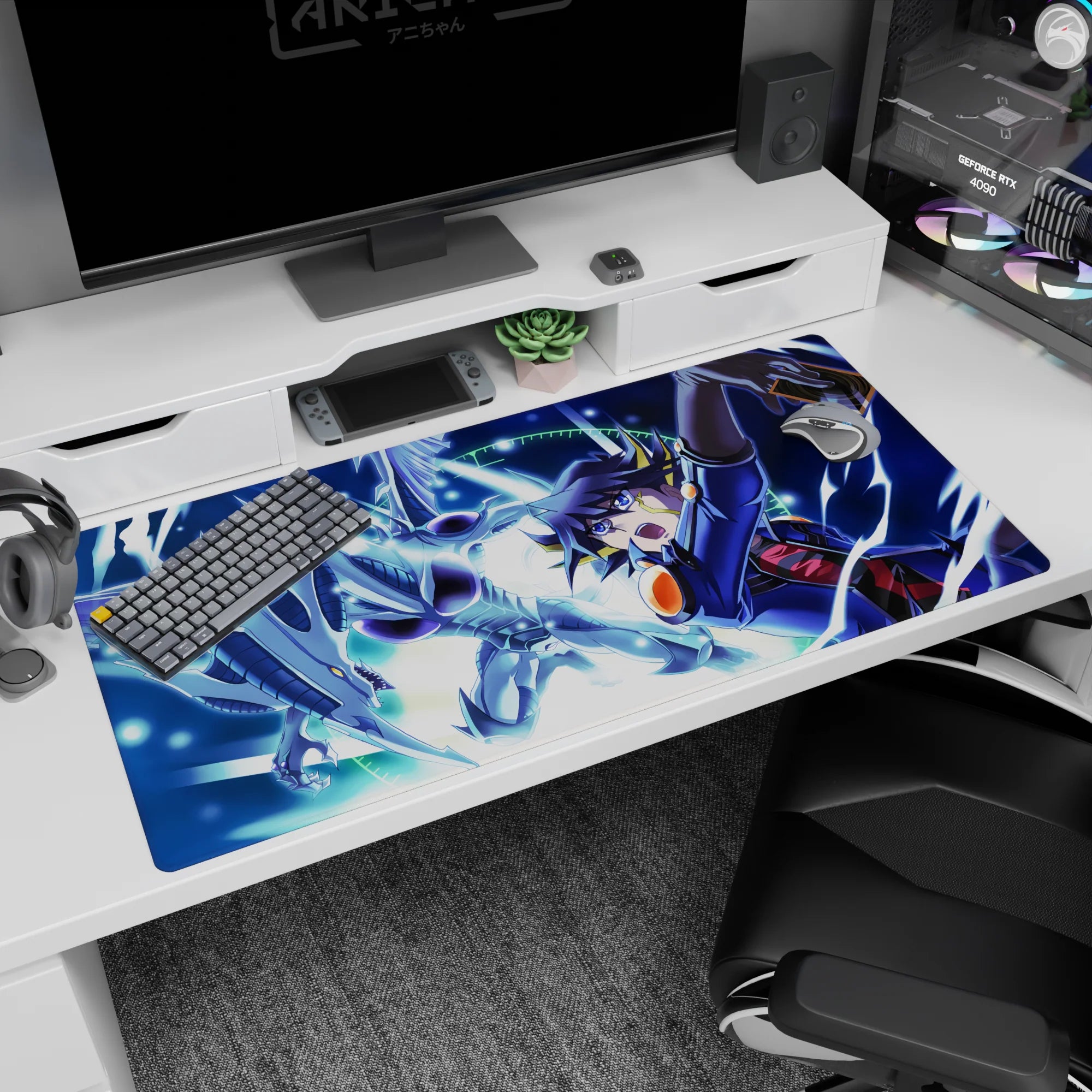 Duelist shouting with raised card as a silver dragon attacks, anime desk pad 40x20 inches.