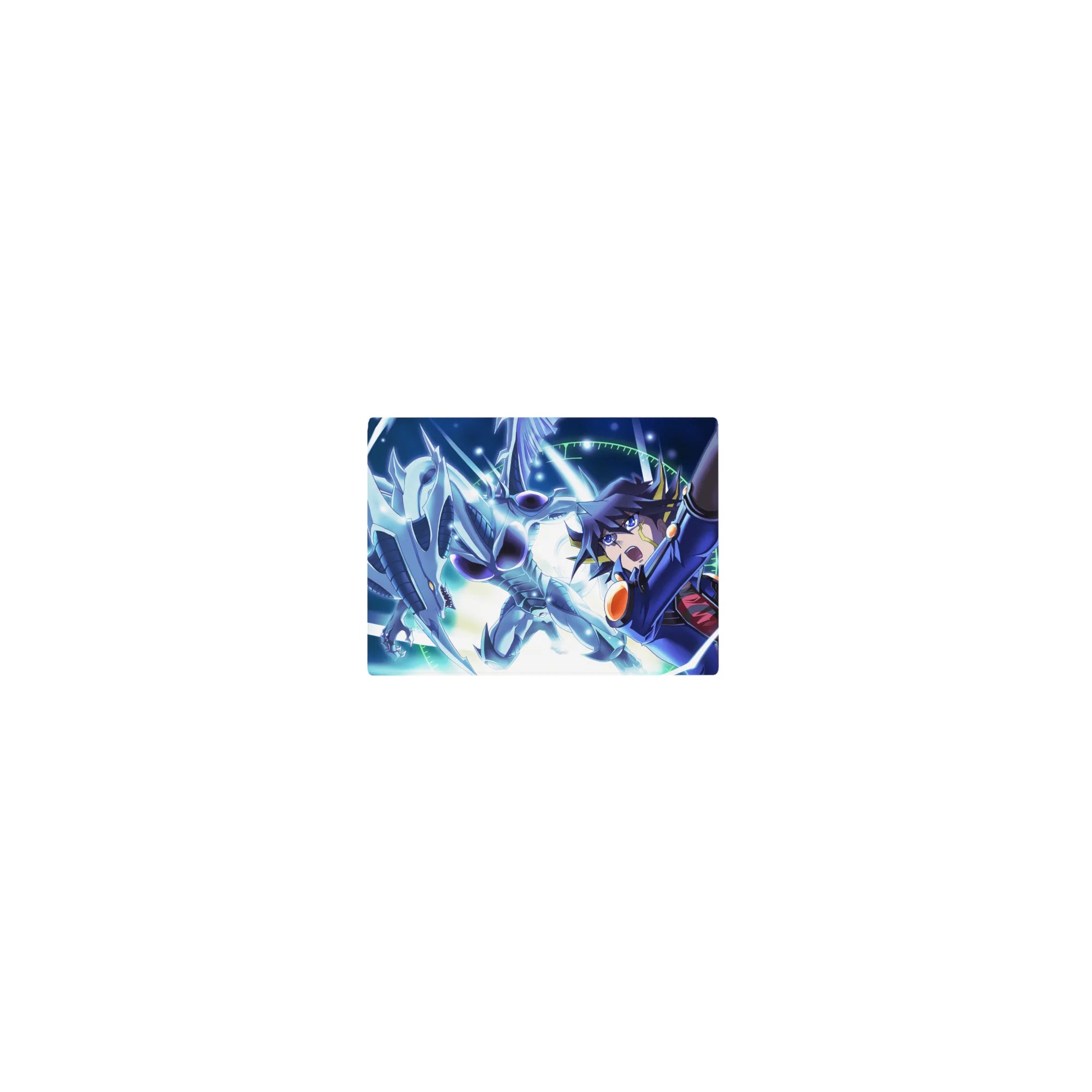 Classic anime mouse pad 14x10 inches with silver dragon dive, duelist pose, electric arcs and techno halo.