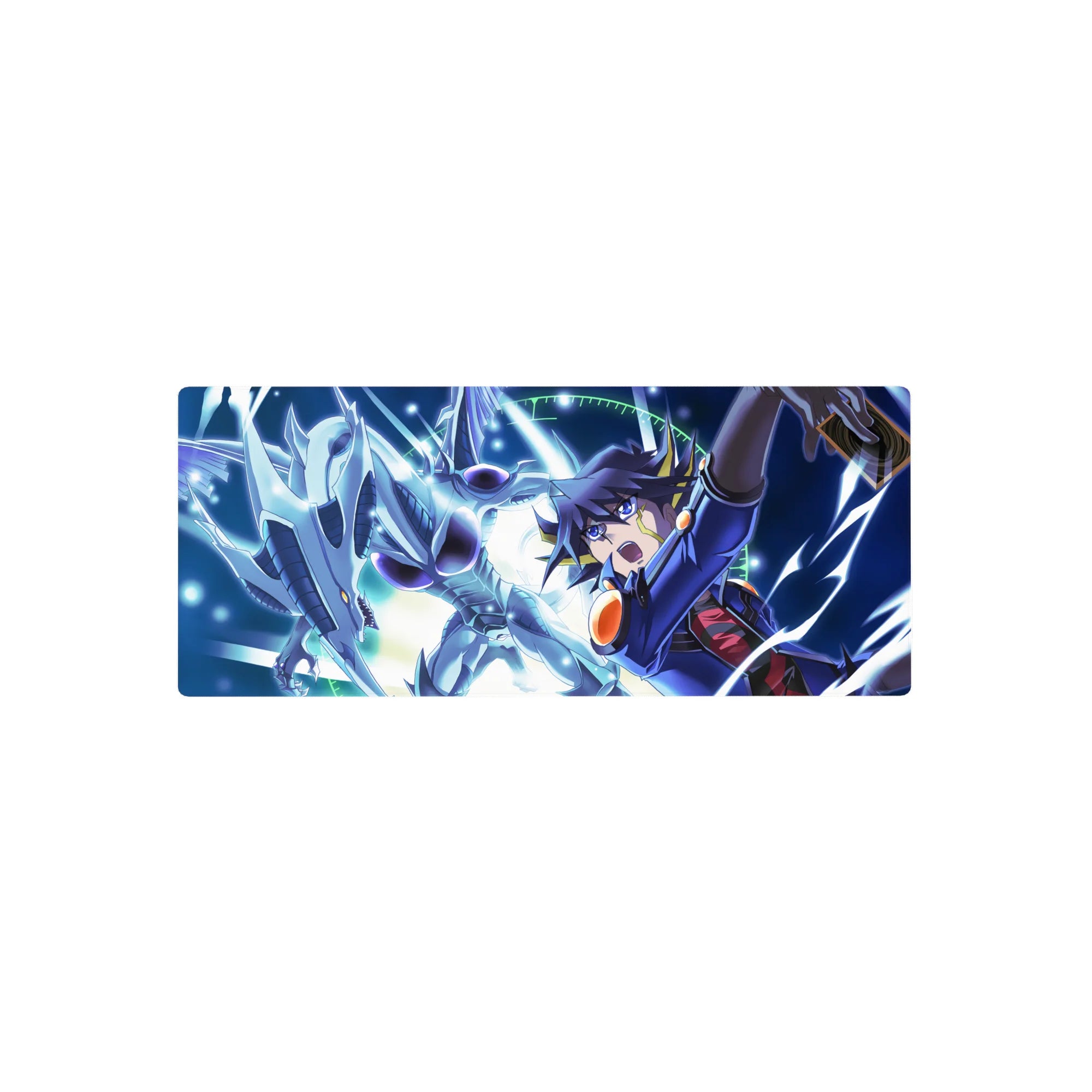 28x12 inches anime mouse pad with silver dragon dive, duelist in navy uniform, and techno halo clash.