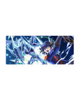 28x12 inches anime mouse pad with silver dragon dive, duelist in navy uniform, and techno halo clash.