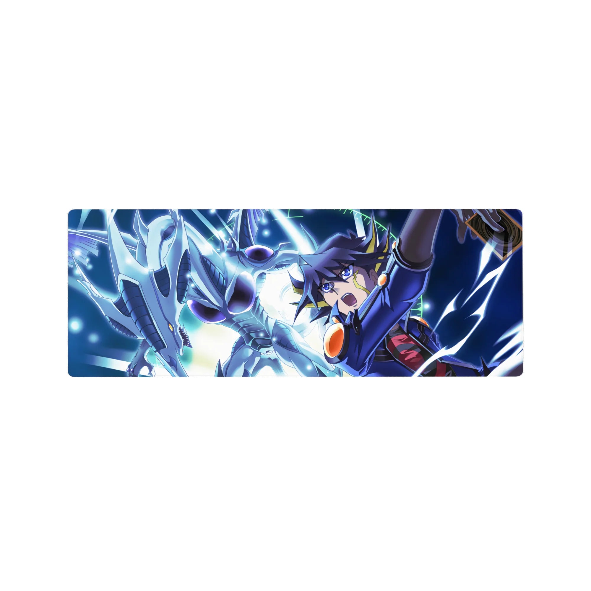 32x12 inches anime mouse pad with silver dragon dive, duelist in navy, neon tech halo and lightning.