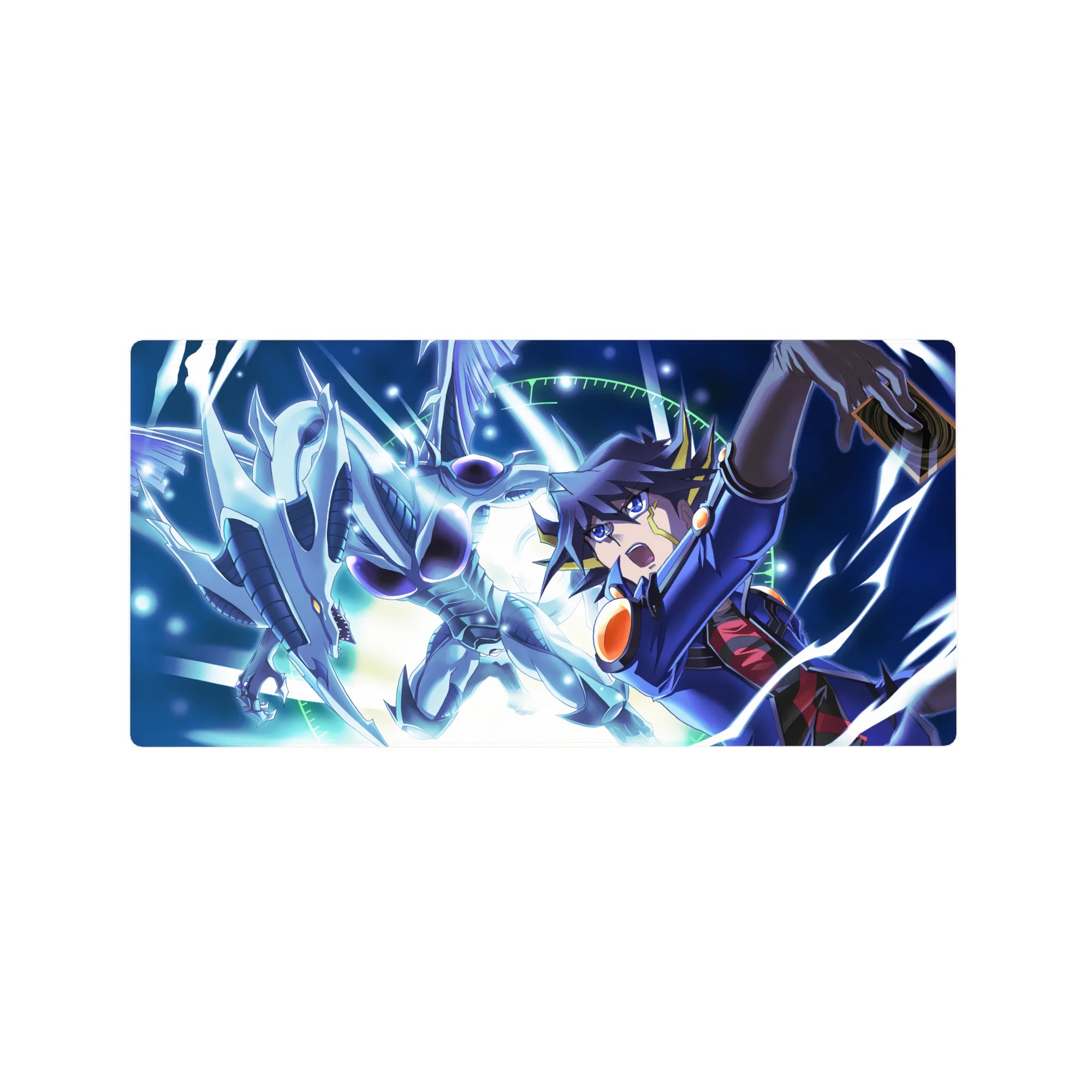 32x16 inches anime mouse pad with duelist and silver dragon clash, electric arcs and techno halo.