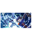 32x16 inches anime mouse pad with duelist and silver dragon clash, electric arcs and techno halo.