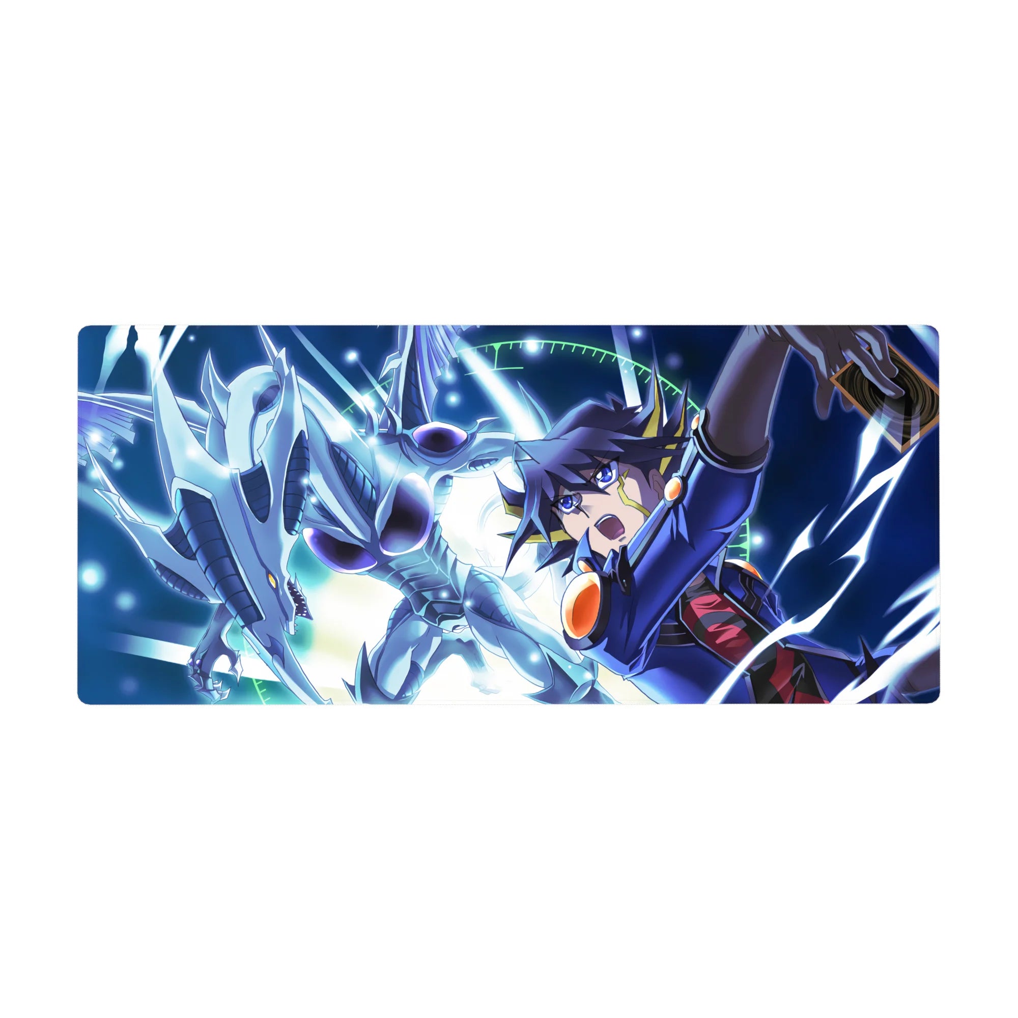36x16 inches anime desk pad with silver dragon dive, duelist in navy, electric arcs and techno halo.