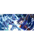 36x16 inches anime desk pad with silver dragon dive, duelist in navy, electric arcs and techno halo.