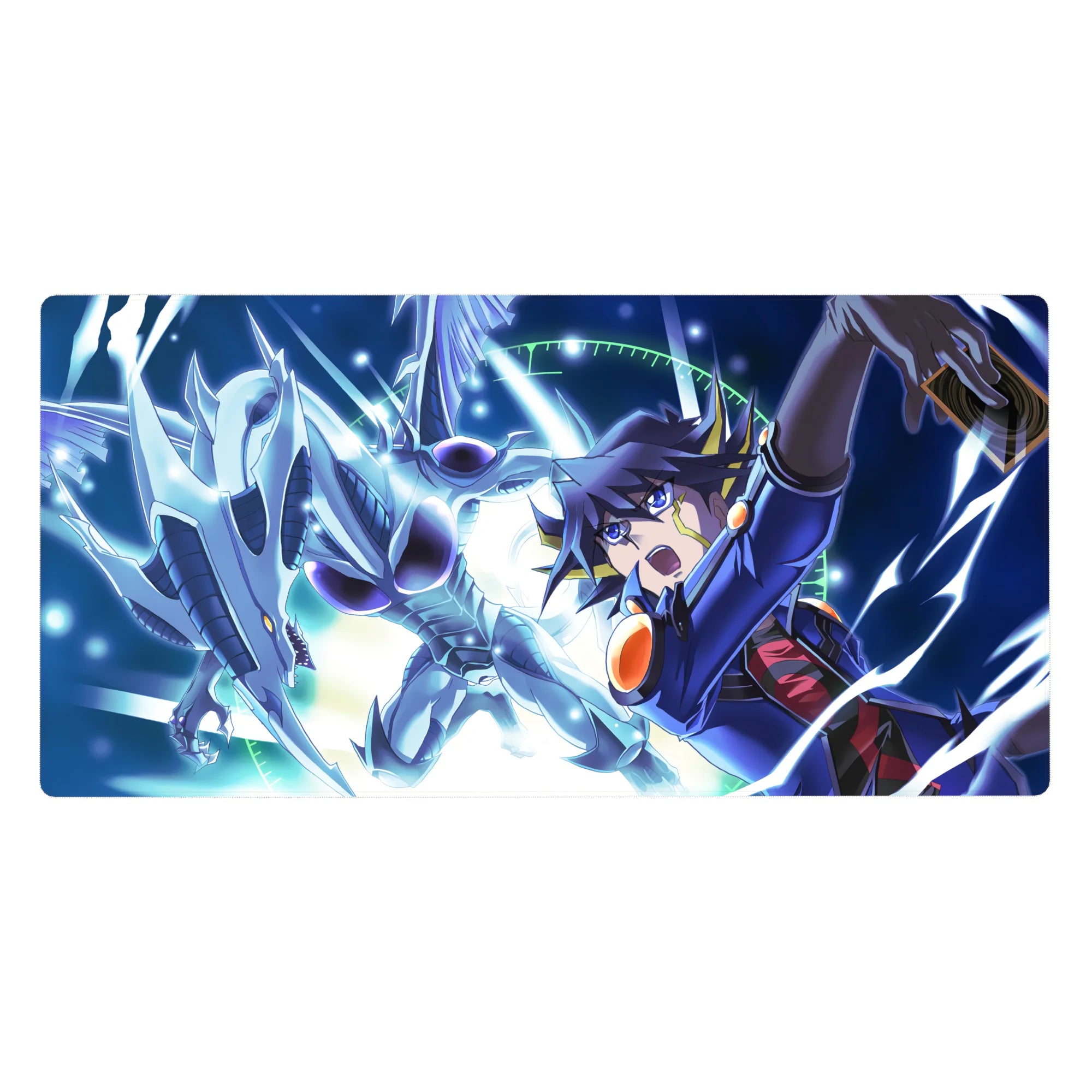 Anime desk pad 40x20 inches with silver dragon dive, duelist in navy, electric arcs and techno halo.