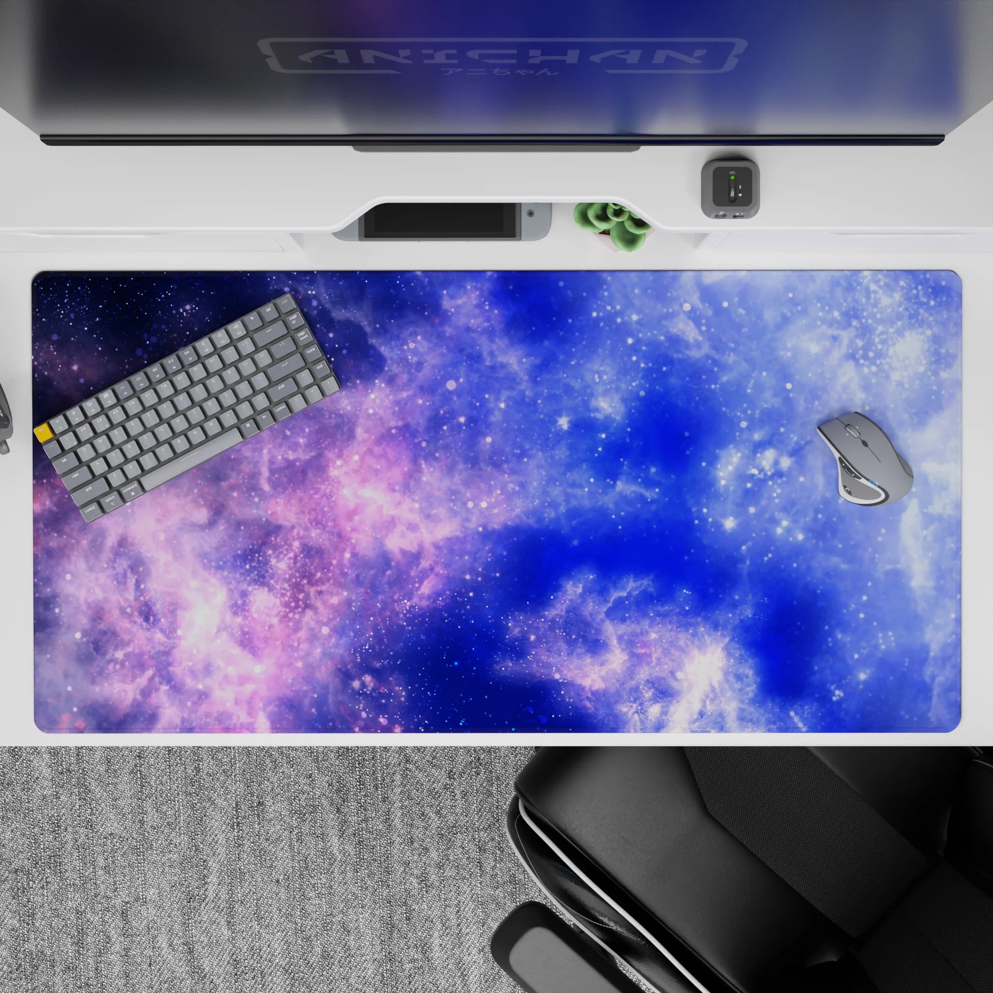 Moody midnight desk pad 40x20 inches in electric blue and soft violet clouds for a calm, dreamy vibe.