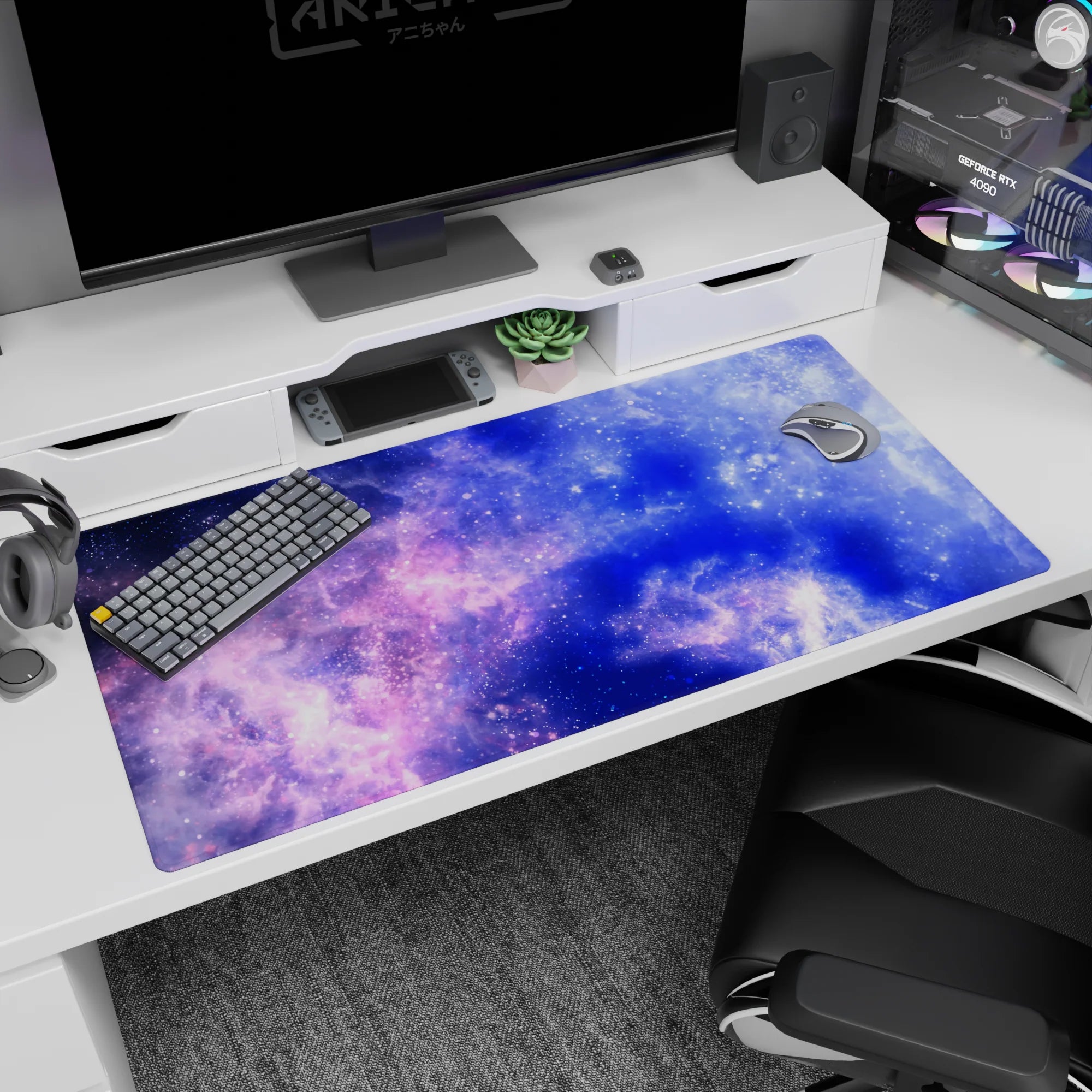 Starry night sky scene desk pad 40x20 inches with tiny speckles over inky swirls and nebula clouds.
