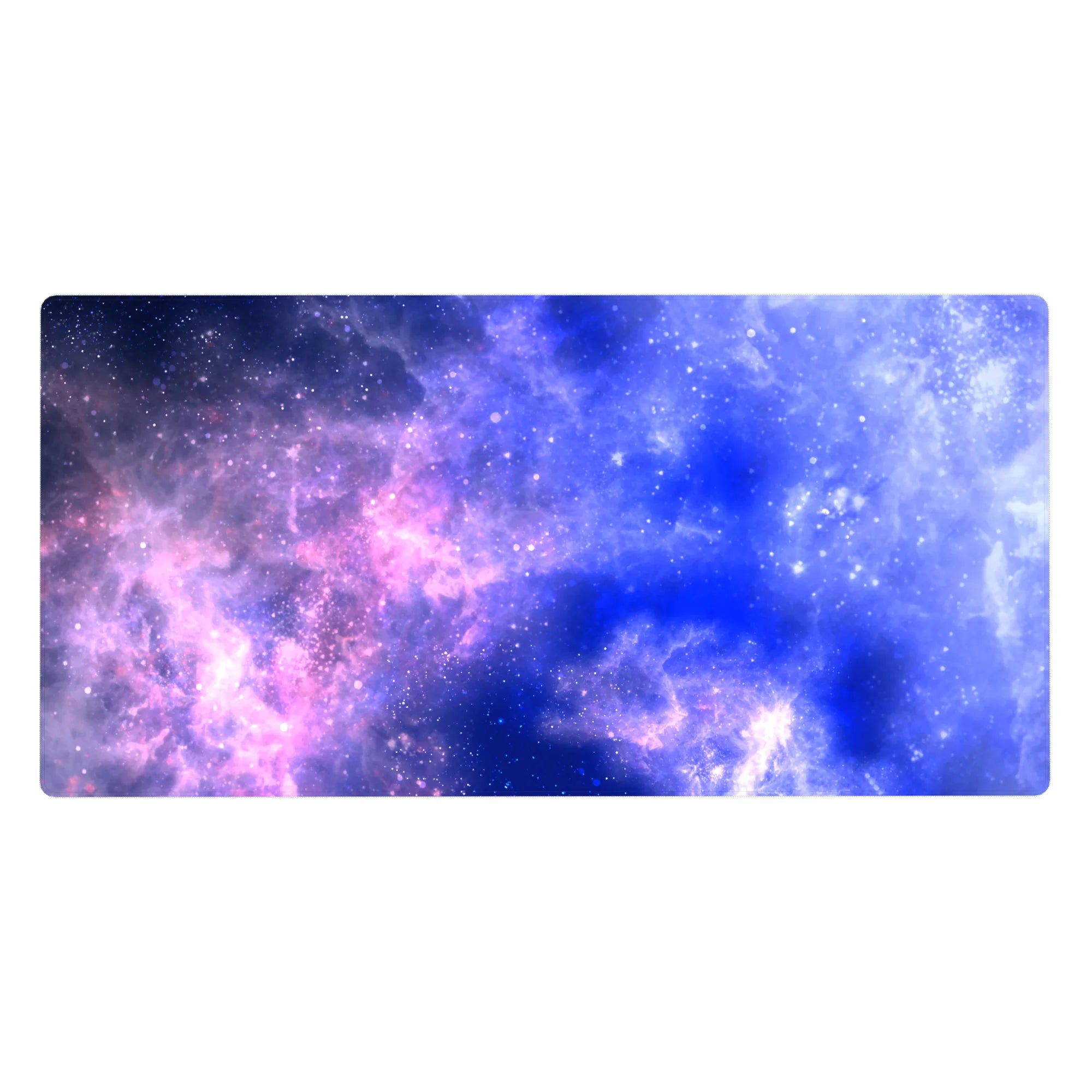 Galaxy watercolor desk pad 40x20 inches with swirling midnight blues, violets, and star-speckled accents.