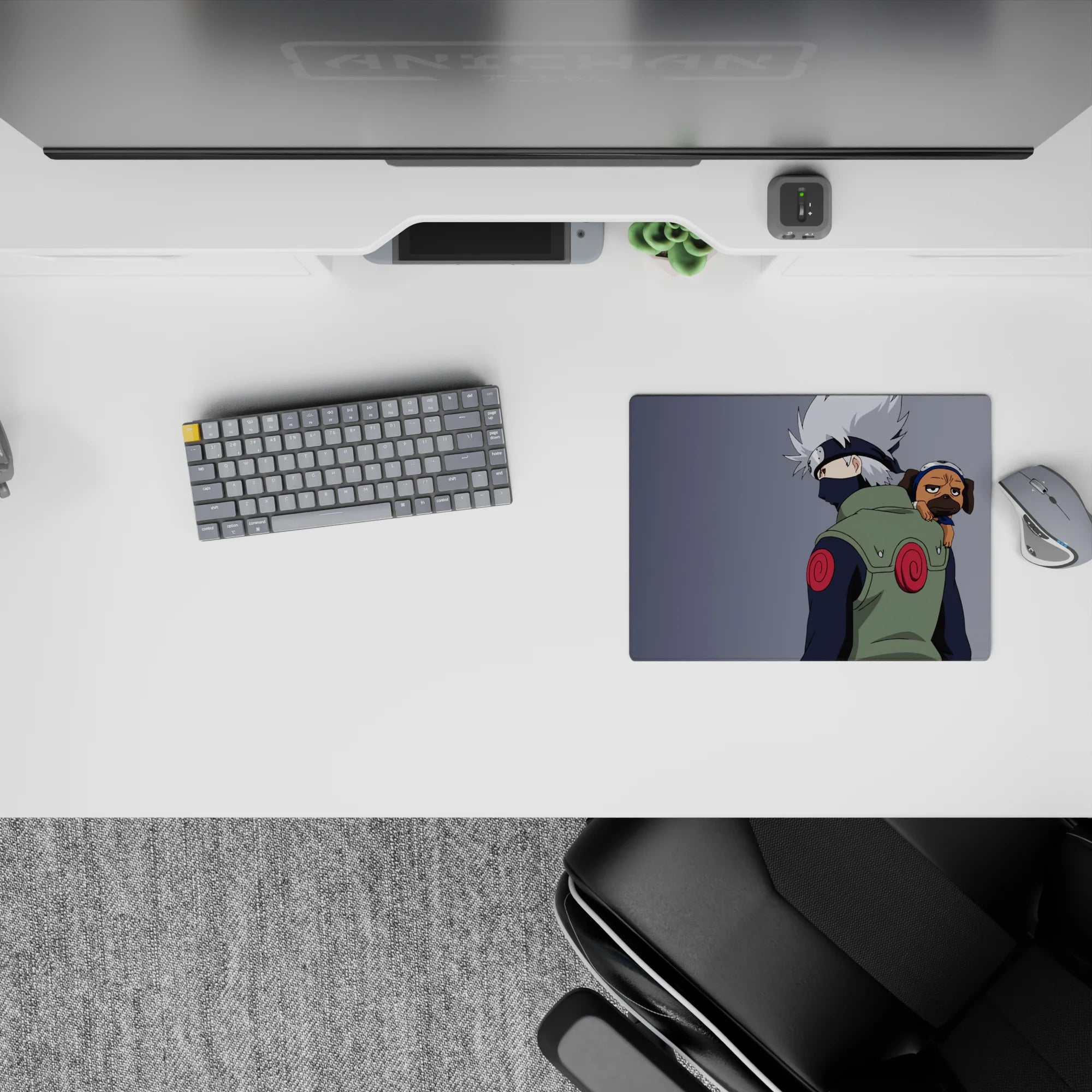 Cozy chill anime mouse pad 14x10 inches in cool grays with soft blues, green vest, red patches.