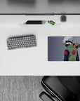 Cozy chill anime mouse pad 14x10 inches in cool grays with soft blues, green vest, red patches.
