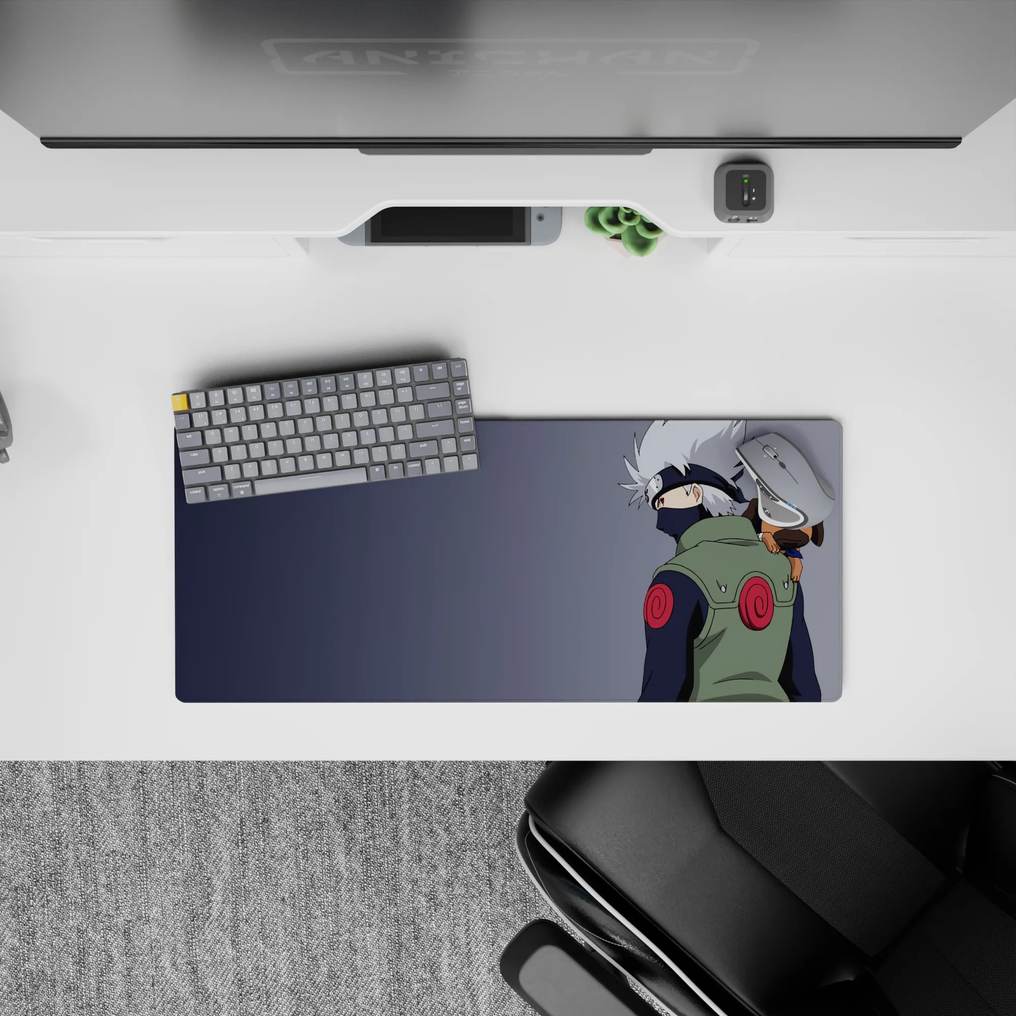 28x12 inches anime mouse pad in soft blues, sharp whites, and green vest accents, cozy chill vibe.