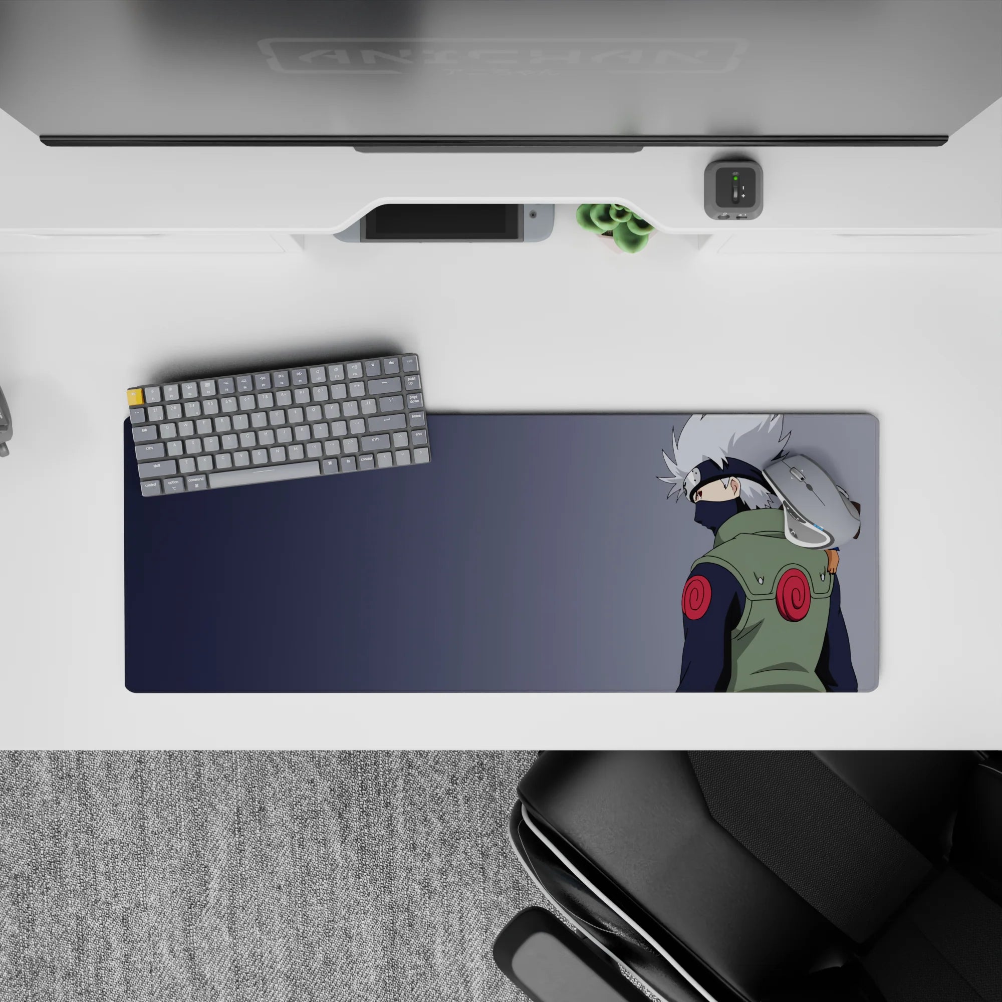 32x12 inches anime mouse pad in soft blues and crisp whites, cozy chill vibe with green vest accents.