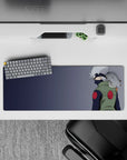 32x12 inches anime mouse pad in soft blues and crisp whites, cozy chill vibe with green vest accents.