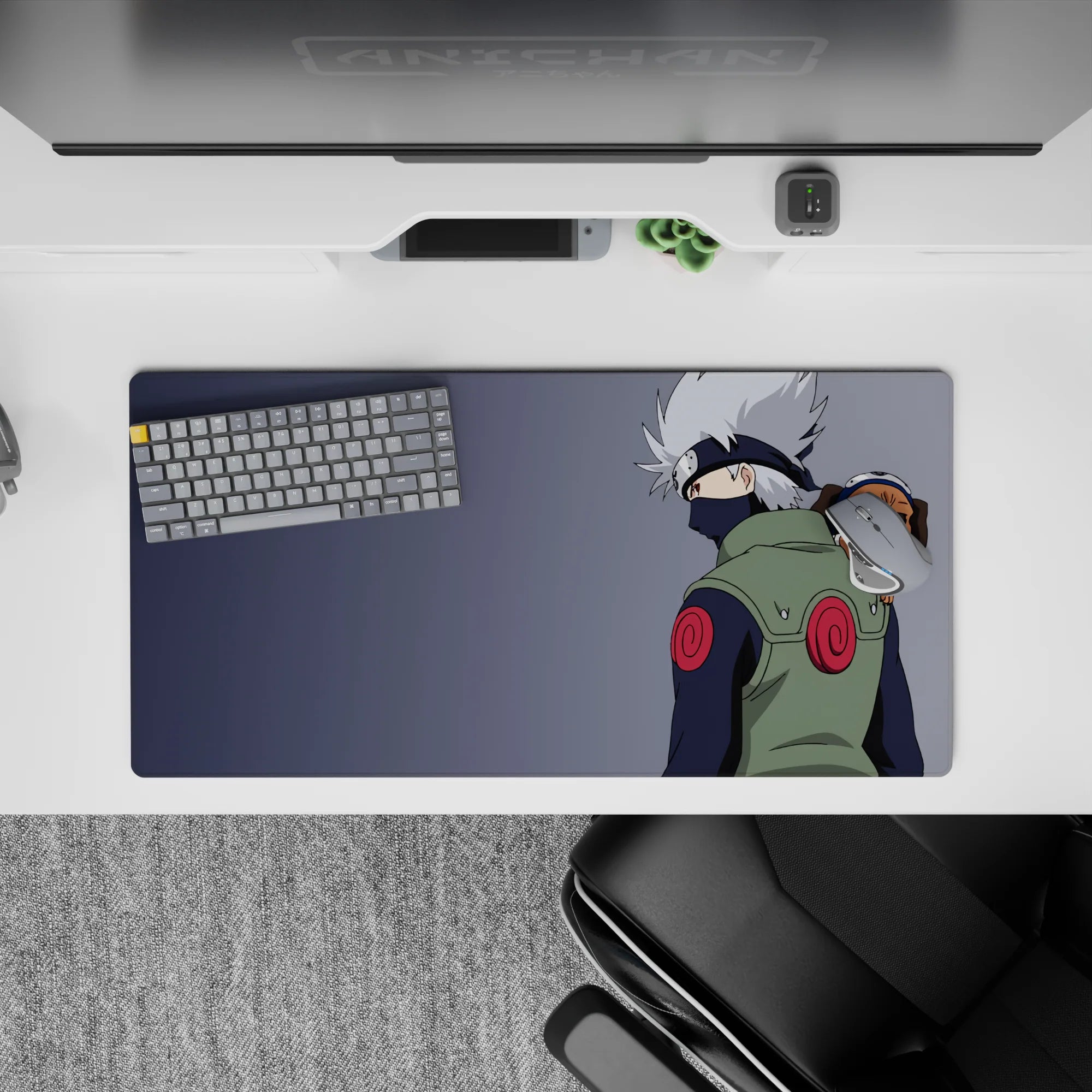 32x16 inches anime mouse pad in cozy chill tones, soft blues and sharp whites with green vest and red swirls.