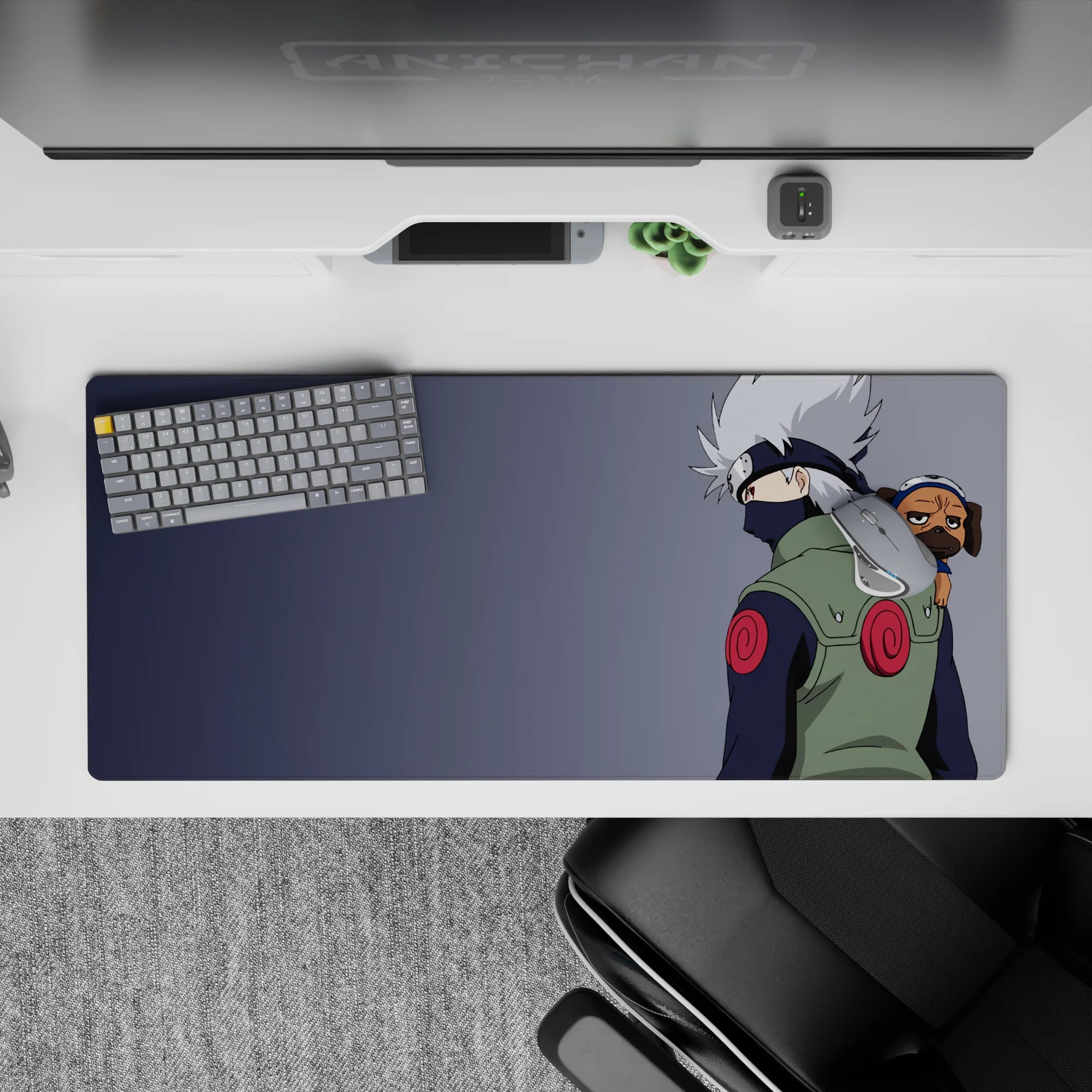 36x16 inches anime desk pad in soft blues and crisp whites, cozy chill vibe with green and red accents.