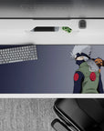 36x16 inches anime desk pad in soft blues and crisp whites, cozy chill vibe with green and red accents.