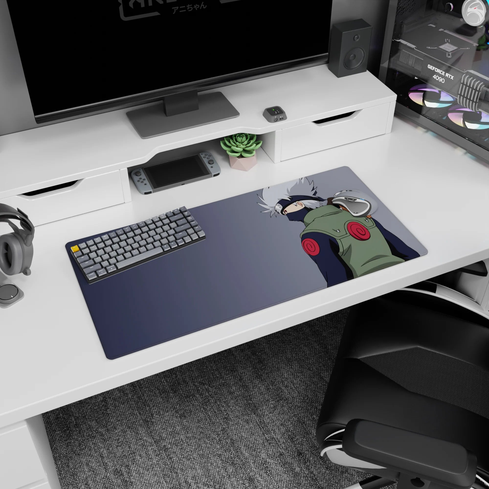 32x16 inches anime mouse pad showing Kakashi glancing back with Pakkun riding his shoulder, calming vibe.