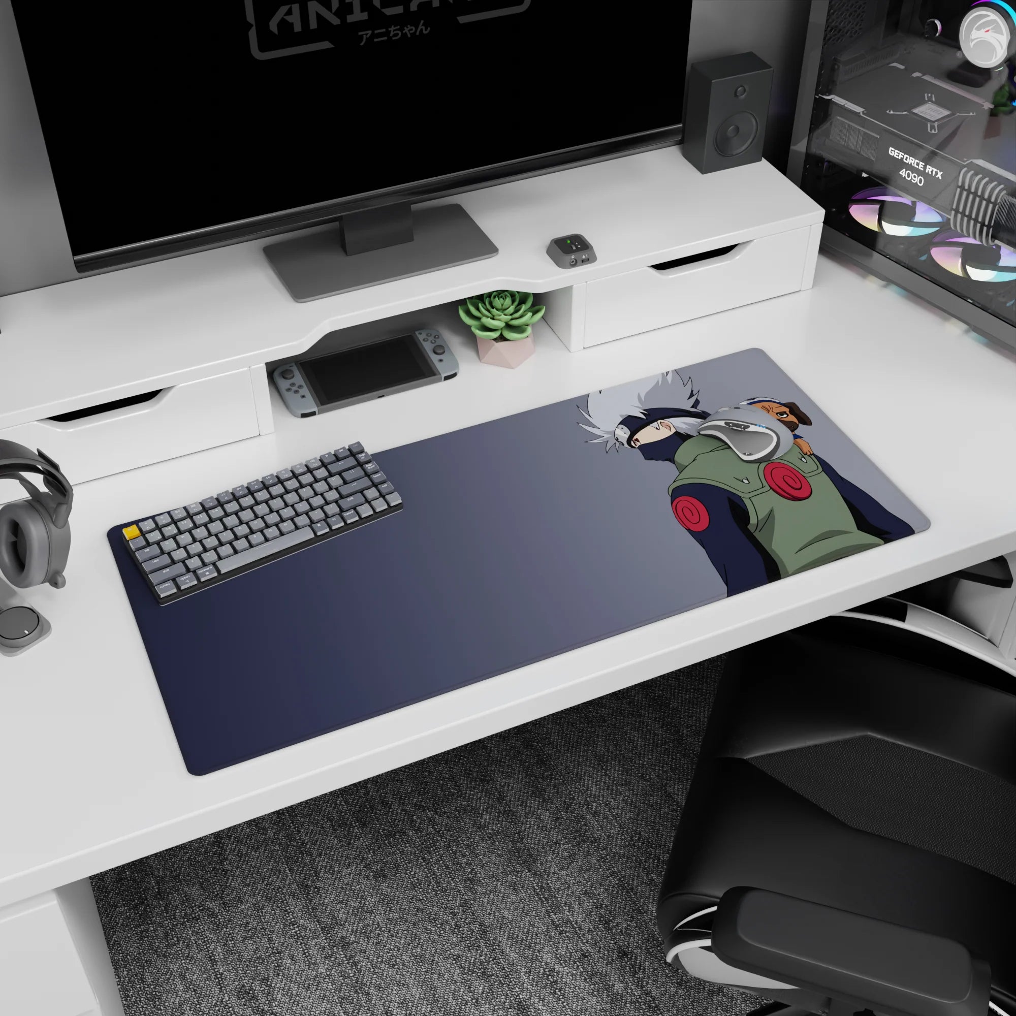 36x16 inches Naruto desk pad showing Kakashi glancing back as Pakkun rides his shoulder on a clean gray.